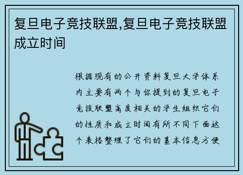 复旦电子竞技联盟,复旦电子竞技联盟成立时间